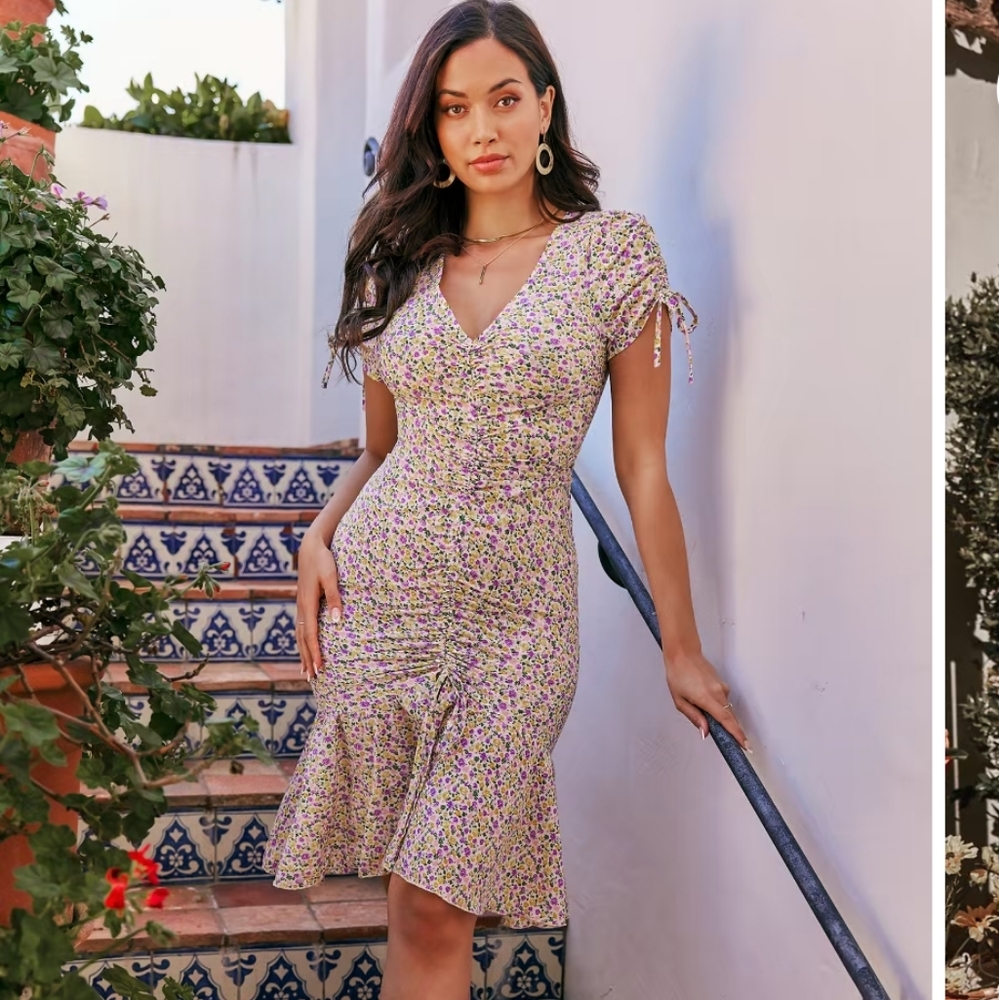 Cupshe Floral Midi Dress - Purple and Yellow